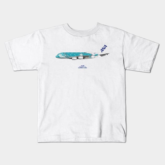 Illustration of ANA Airbus A380 - Flying Honu Kia Kids T-Shirt by SteveHClark